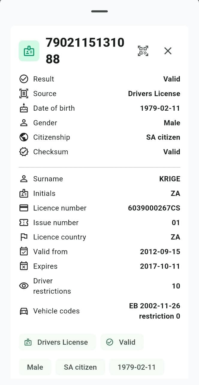 Check ID SA Android structural validation result screen preview